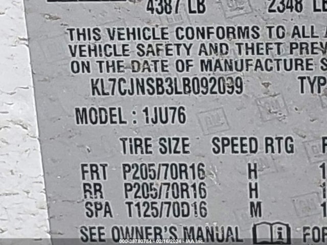 Chevrolet Trax Awd Ls 2020 KL7CJNSB3LB092099 Image 9