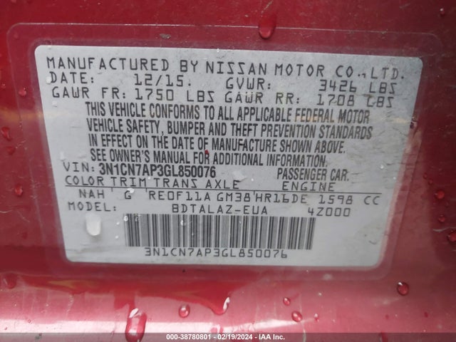 2016 NISSAN VERSA 1.6 S+ VIN: 3N1CN7AP3GL850076