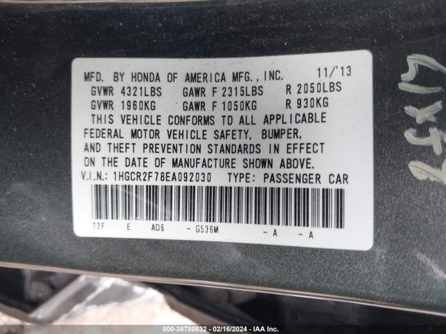 Honda ACCORD EX 2014 1HGCR2F78EA092030 Image 9