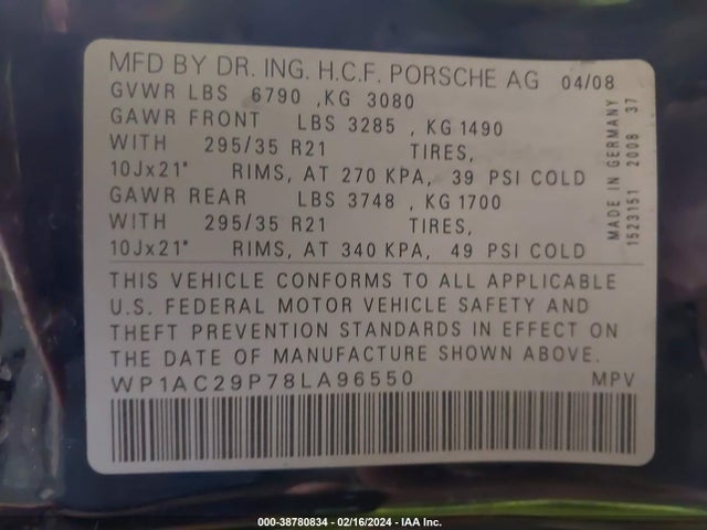 2008 PORSCHE CAYENNE WP1AC29P78LA96550 Photo 8