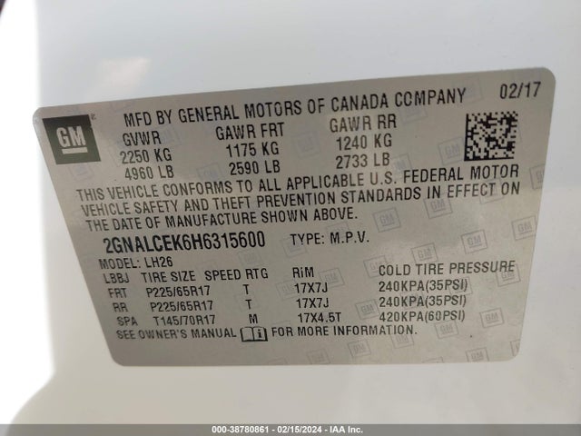 2017 CHEVROLET EQUINOX LT VIN: 2GNALCEK6H6315600