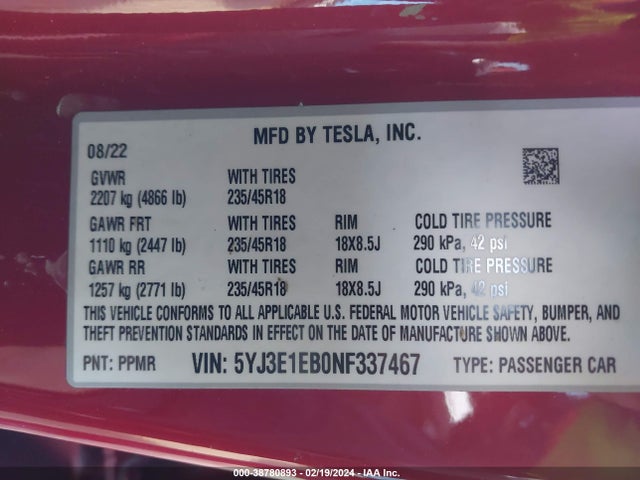 Tesla Model 3 Long Range Dual Motor All-wheel Drive 2022 5YJ3E1EB0NF337467 Image 9