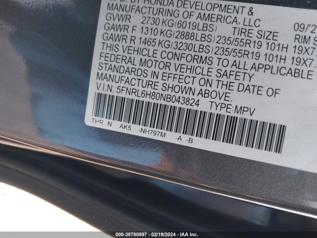 Honda Odyssey Touring 2022 5FNRL6H80NB043824 Image 9