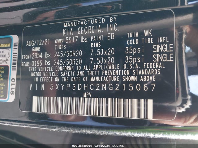 2022 KIA TELLURIDE EX VIN: 5XYP3DHC2NG215067
