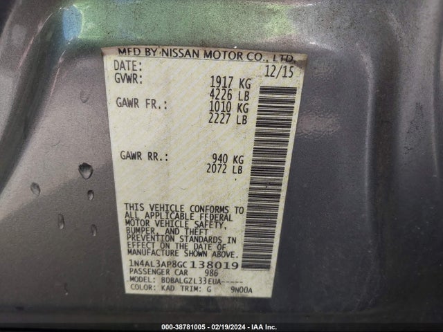 Nissan Altima 2.5 S 2016 1N4AL3AP8GC138019 Image 9