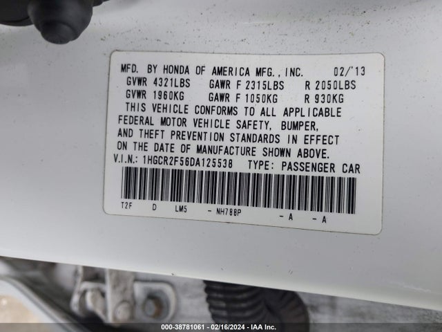 2013 HONDA ACCORD SPORT VIN: 1HGCR2F56DA125538