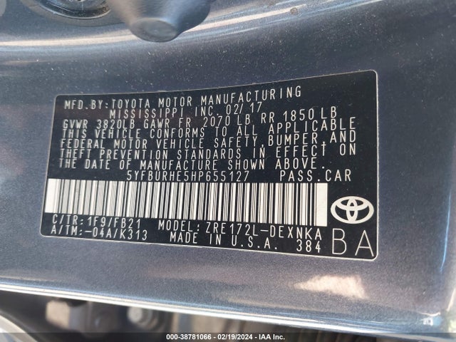 Toyota COROLLA LE 2017 5YFBURHE5HP655127 Image 9