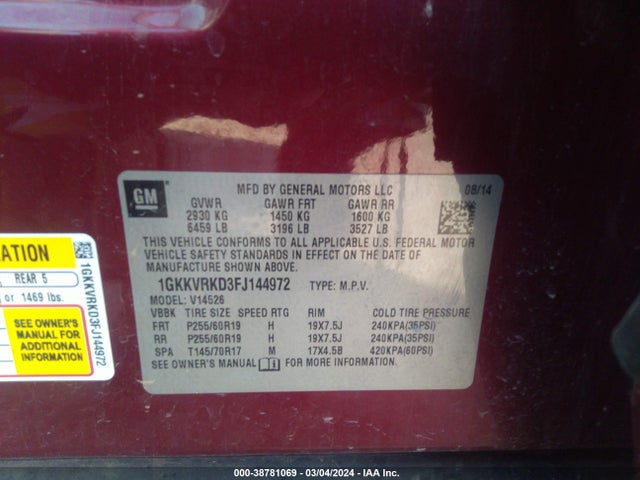 GMC Acadia Slt-1 2015 1GKKVRKD3FJ144972 Image 9