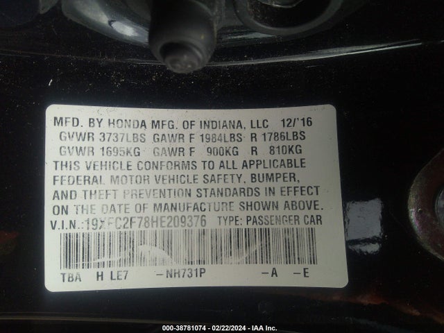Honda CIVIC EX 2017 19XFC2F78HE209376 Image 9