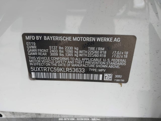 BMW X3 Sdrive30i 2019 5UXTR7C59KLR53633 Image 9