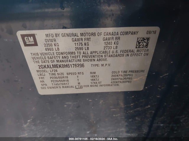 2017 GMC TERRAIN SLE-1 VIN: 2GKALMEK8H6176296
