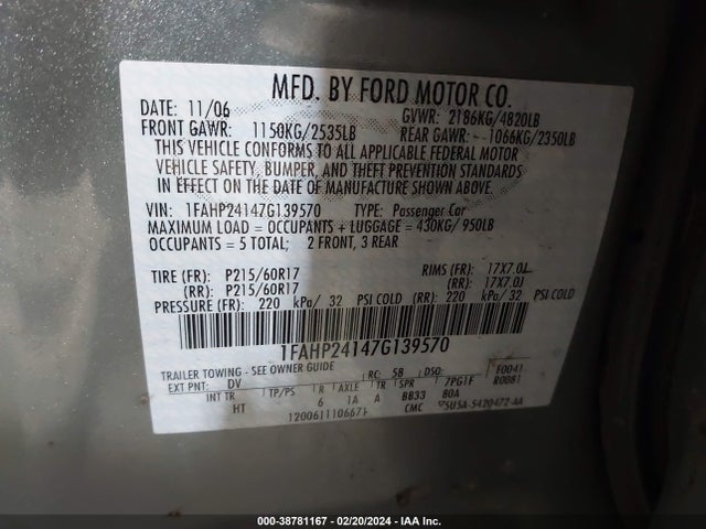 2007 FORD FIVE HUNDRED SEL VIN: 1FAHP24147G139570