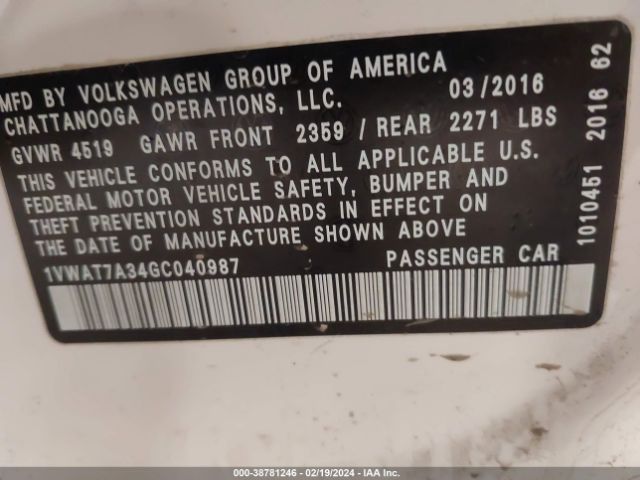 1VWAT7A34GC040987 Volkswagen Passat 1.8t S