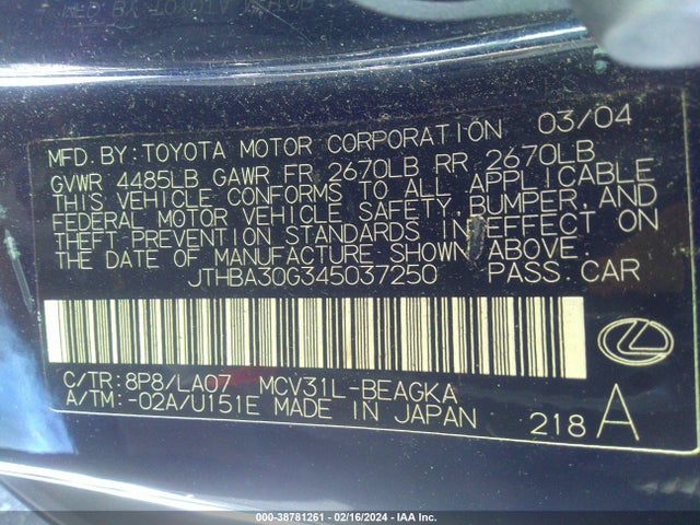 38781261 :رقم المزاد ، JTHBA30G345037250 vin ، 2004 Lexus Es 330 مزاد بيع