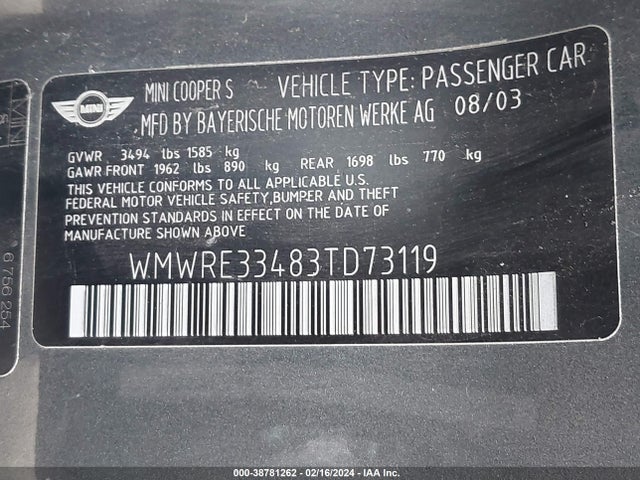 2003 MINI COOPER S WMWRE33483TD73119 Photo 8