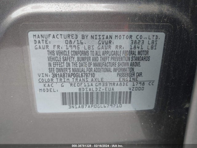 2016 NISSAN SENTRA SV VIN: 3N1AB7AP0GL679710