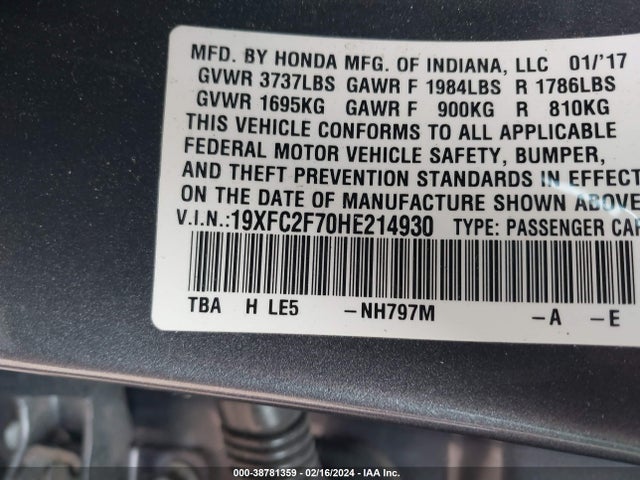 Honda CIVIC EX 2017 19XFC2F70HE214930 Image 9