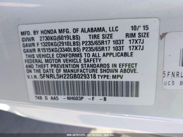 5FNRL5H22GB029318 Honda ODYSSEY LX