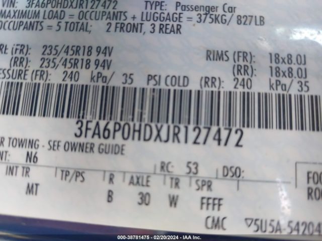 3FA6P0HDXJR127472 Ford FUSION SE