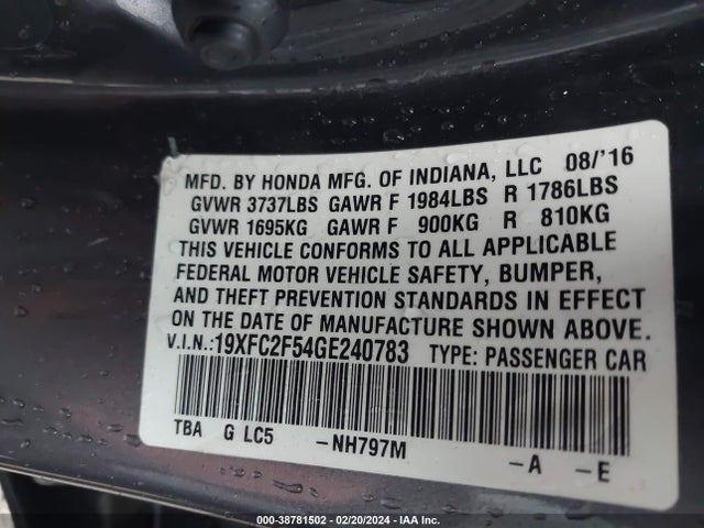 Honda Civic Lx 2016 19XFC2F54GE240783 Image 9