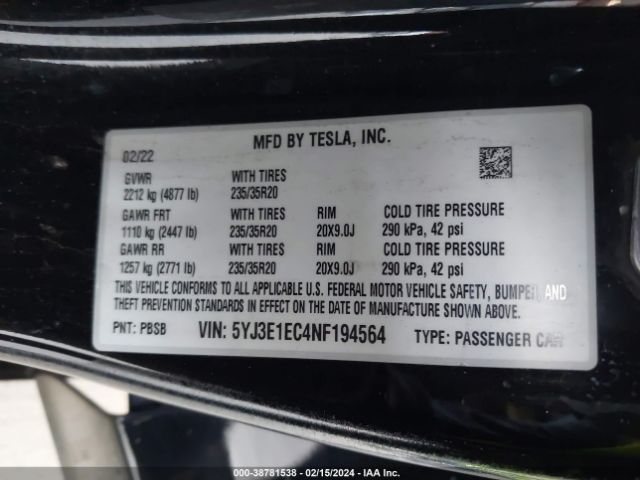 5YJ3E1EC4NF194564 Tesla Model 3 Performance Dual Motor All-wheel Drive
