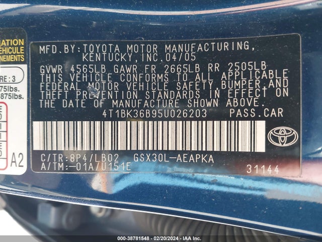 2005 TOYOTA AVALON LIMITED VIN: 4T1BK36B95U026203
