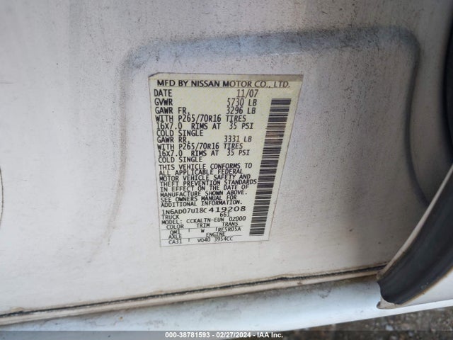 2008 NISSAN FRONTIER SE VIN: 1N6AD07U18C419208