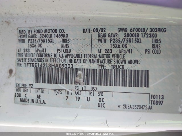 2003 FORD E-150 COMMERCIAL VIN: 1FTRE14213HA09323