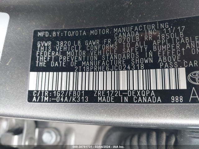 Toyota Corolla 2018 2T1BPRHE6JC024318 Image 9
