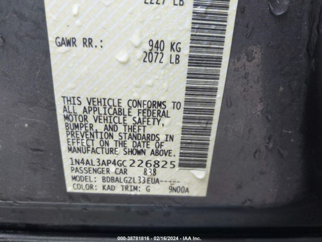 1N4AL3AP4GC226825 Nissan Altima 2.5/2.5 S/2.5 Sl/2.5 Sr/2.5 Sv