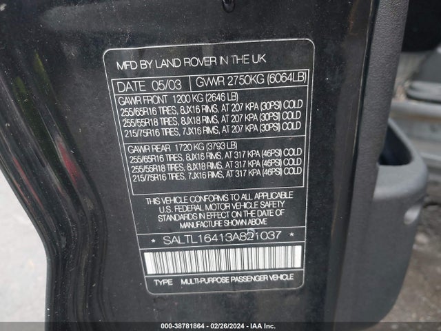 2003 LAND ROVER DISCOVERY S VIN: SALTL16413A821037