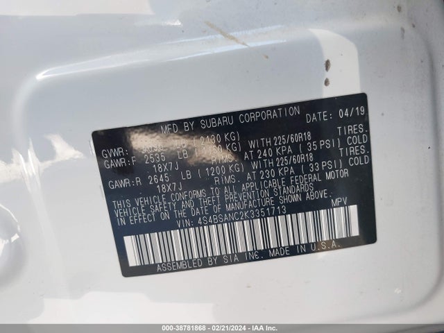 Subaru Outback 2.5i Limited 2019 4S4BSANC2K3351713 Image 9