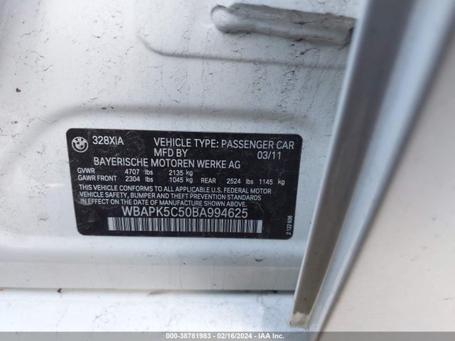 Aukcja sprzedaży 2011 Bmw 328i Xdrive, vin: WBAPK5C50BA994625, numer aukcji: 38781983