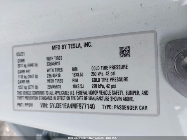 5YJ3E1EA4MF977140 Tesla Model 3 Standard Range Plus Rear-wheel Drive