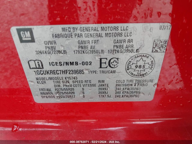 2017 CHEVROLET SILVERADO 1500 1LT/2LT VIN: 1GCUKREC7HF239685