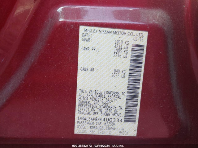 Nissan Altima 2.5 S 2015 1N4AL3AP8FN400334 Image 9