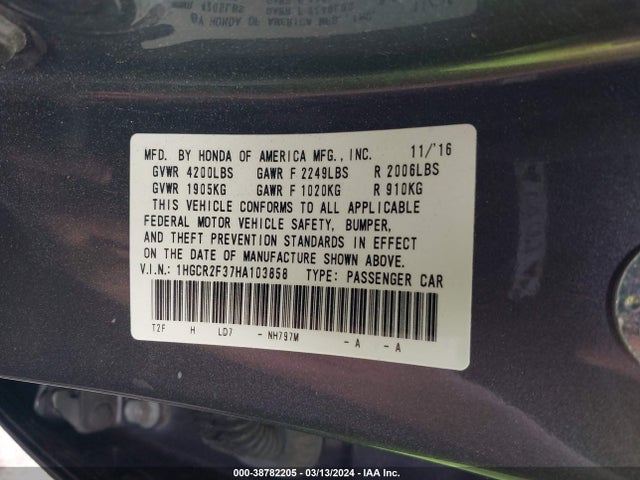 Honda ACCORD LX 2017 1HGCR2F37HA103858 Image 9