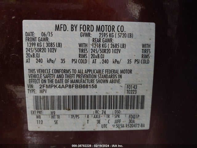 2015 FORD EDGE SPORT VIN: 2FMPK4AP8FBB68158