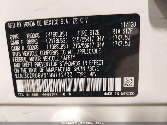 Honda Hr-v Awd Ex 2021 3CZRU6H51MM712433 Image 9