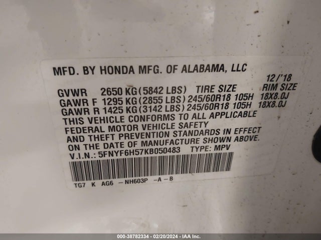 Honda Pilot Ex-l 2019 5FNYF6H57KB050483 Image 9