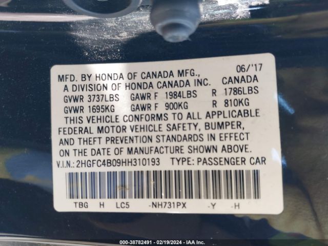 2HGFC4B09HH310193 Honda Civic Lx-p