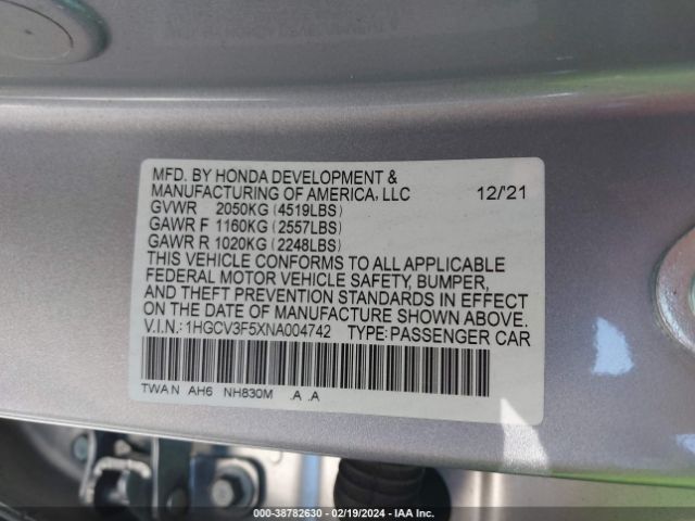 1HGCV3F5XNA004742 Honda Accord Hybrid Ex-l