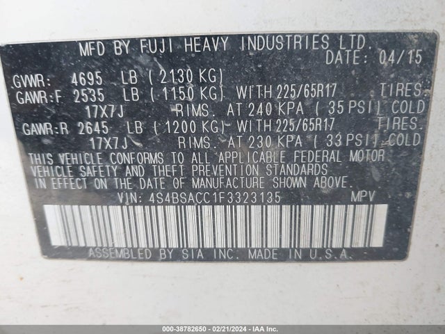 Subaru Outback 2.5i Premium 2015 4S4BSACC1F3323135 Image 9