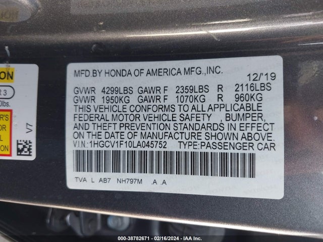 Honda ACCORD LX 2020 1HGCV1F10LA045752 Image 9