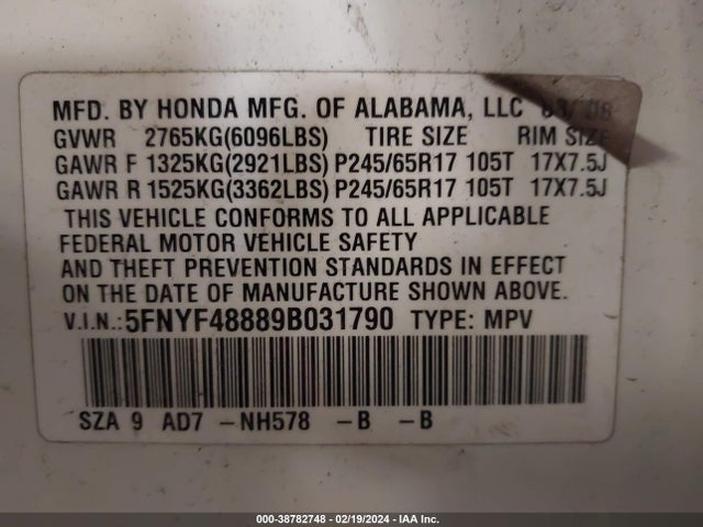 2009 HONDA PILOT TOURING VIN: 5FNYF48889B031790