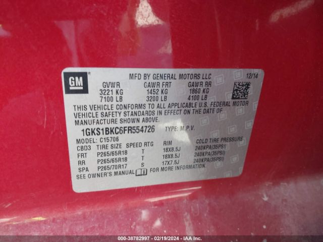 1GKS1BKC6FR554726 GMC YUKON SLT