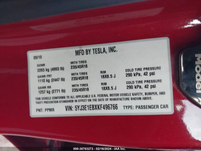5YJ3E1EBXKF496766 Tesla Model 3 Long Range/performance
