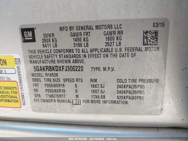 Buick Enclave Leather 2015 5GAKRBKDXFJ306220 Image 9