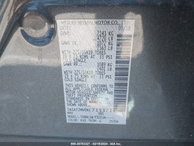 Nissan Rogue Sl 2019 5N1AT2MV0KC715371 Image 9