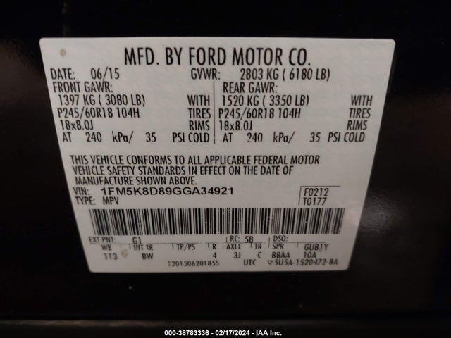 Ford EXPLORER XLT 2016 1FM5K8D89GGA34921 Image 9